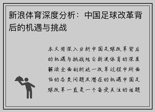 新浪体育深度分析：中国足球改革背后的机遇与挑战